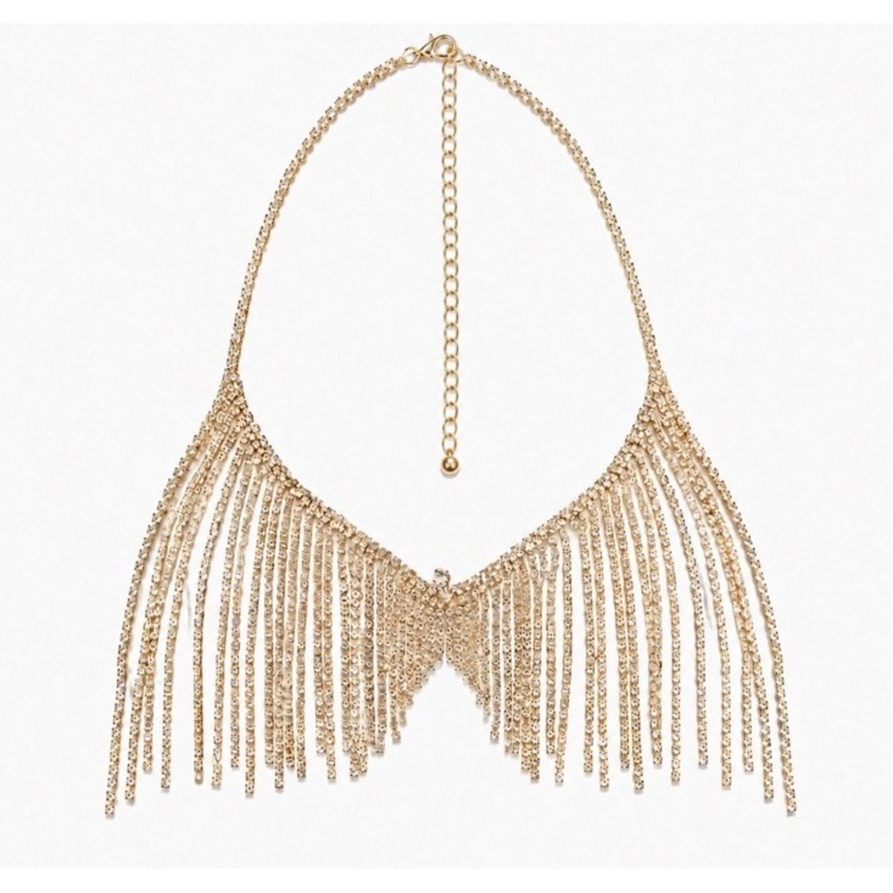 House of Desire Rhinestone Dangle Bra Gold One Size Festival Body Jewelry
